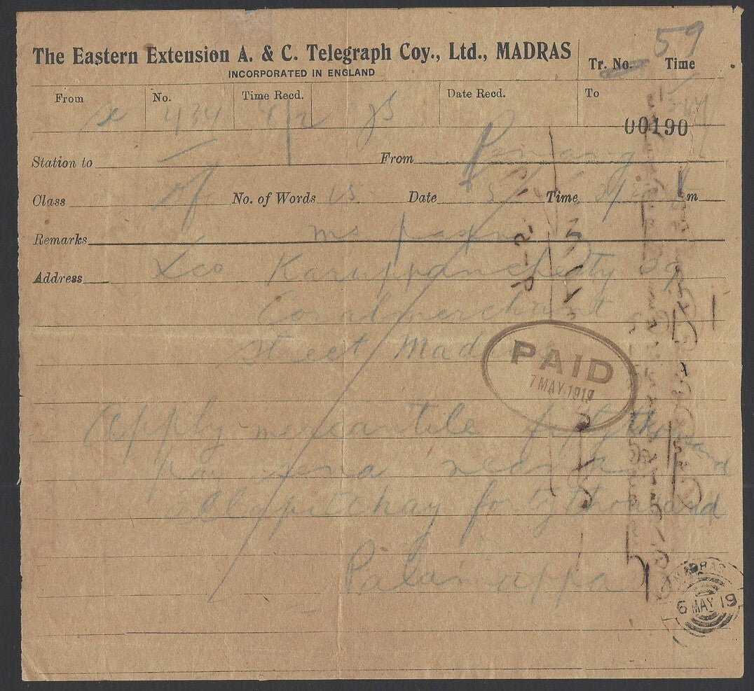 India MADRAS 1919 Australia & China Telegraph Co trimmed telegram
