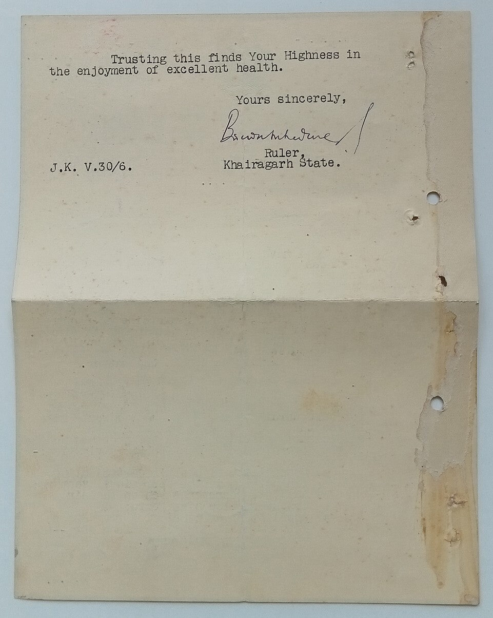 KHAIRAGARH STATE India 1940 crested letter signed by Raja Birendra Bahadur Singh