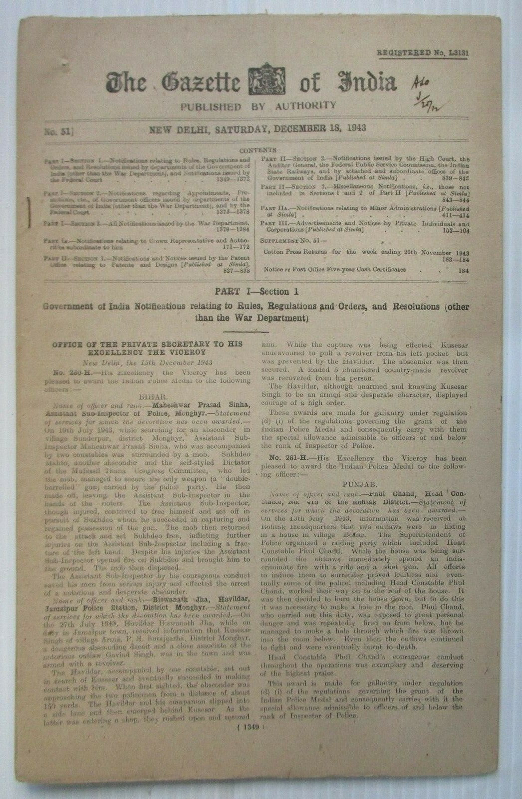The Gazette of India 1943 issues (10)