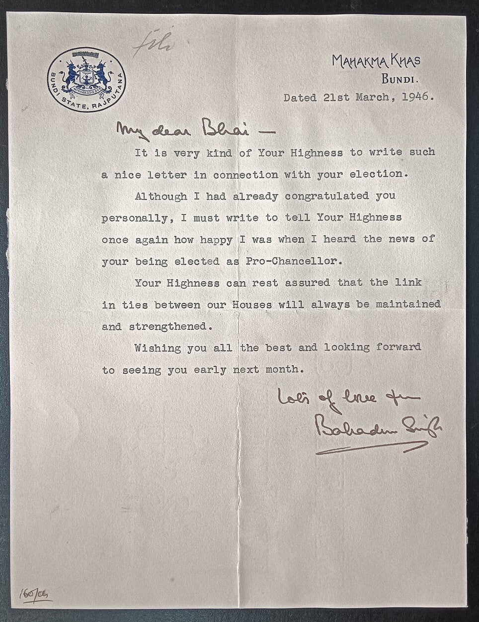 BUNDI STATE India 1946 crested letter signed Maharaja Bahadur Singh