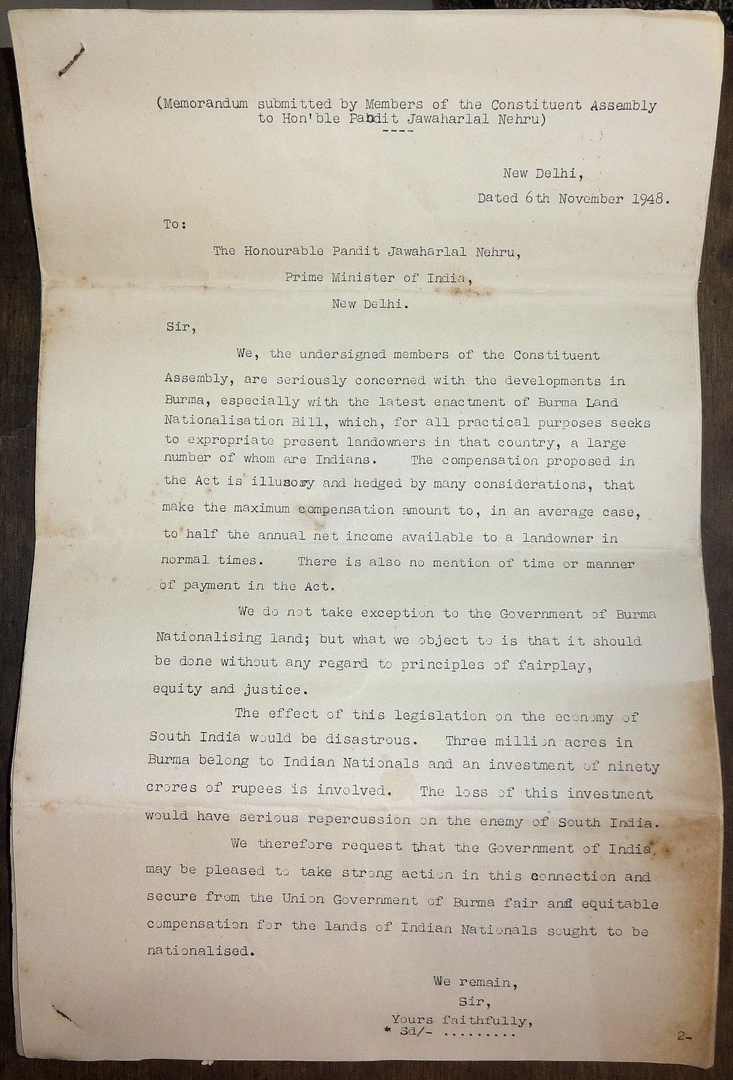 Burma 1948 letter & documents to Jawaharlal Nehru re: Indian Land confiscation