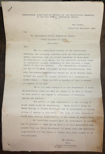 Burma 1948 letter & documents to Jawaharlal Nehru re: Indian Land confiscation