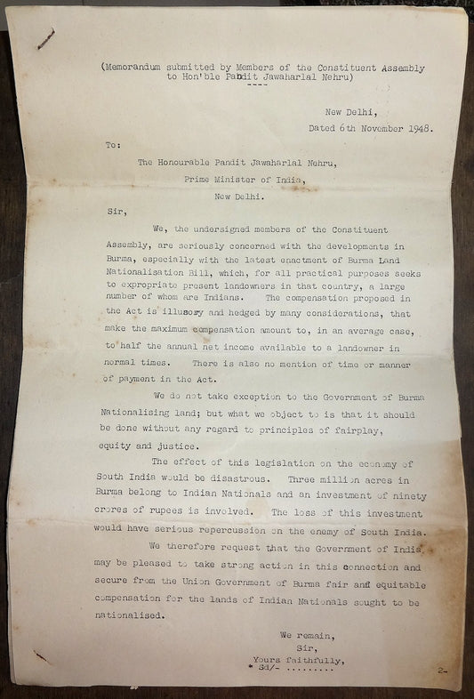 Burma 1948 letter & documents to Jawaharlal Nehru re: Indian Land confiscation