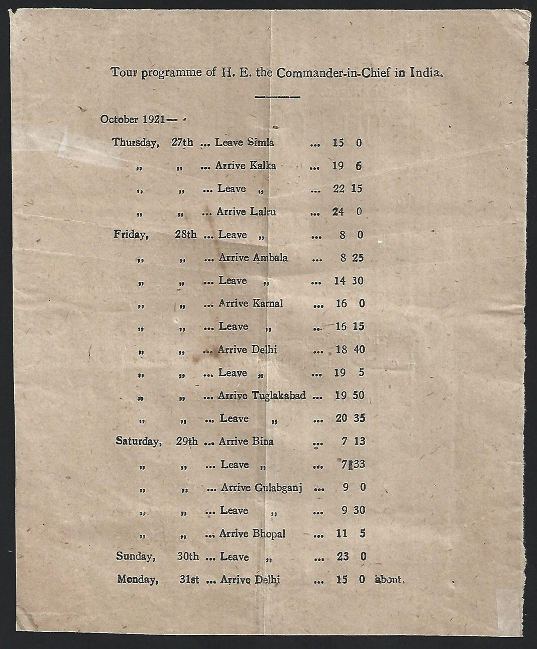 India 1921 POSTAL NOTICE for All Postal Officers re Commander in Chief's Program