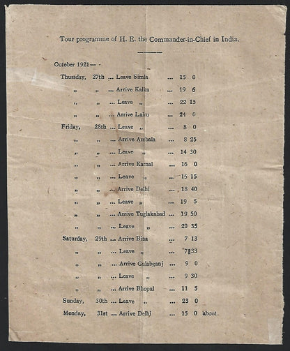 India 1921 POSTAL NOTICE for All Postal Officers re Commander in Chief's Program