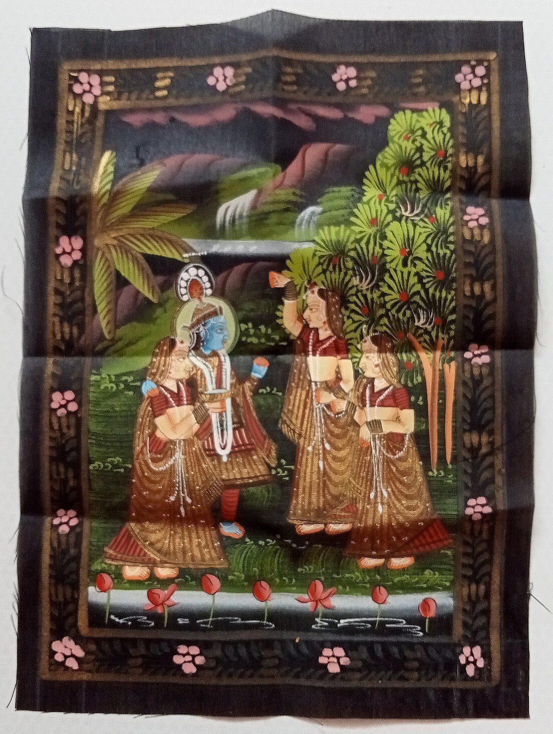 India vintage hand painting on cloth RADHA, KRISHNA & 2 GOPIS 8 x 12 inches