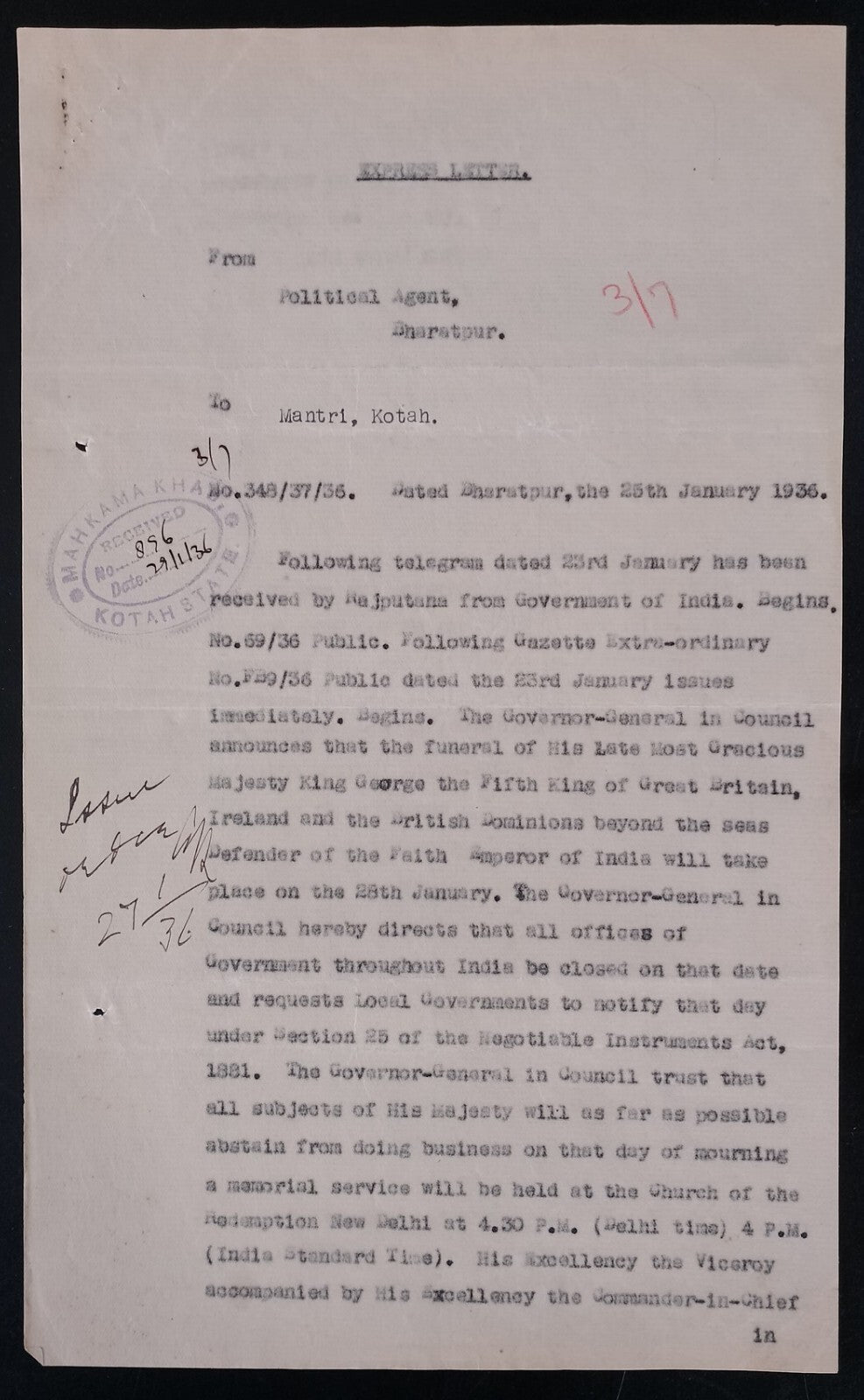 India 1936 signed Political Agent E Rajputana : KGV DEATH MOURNING INSTRUCTIONS