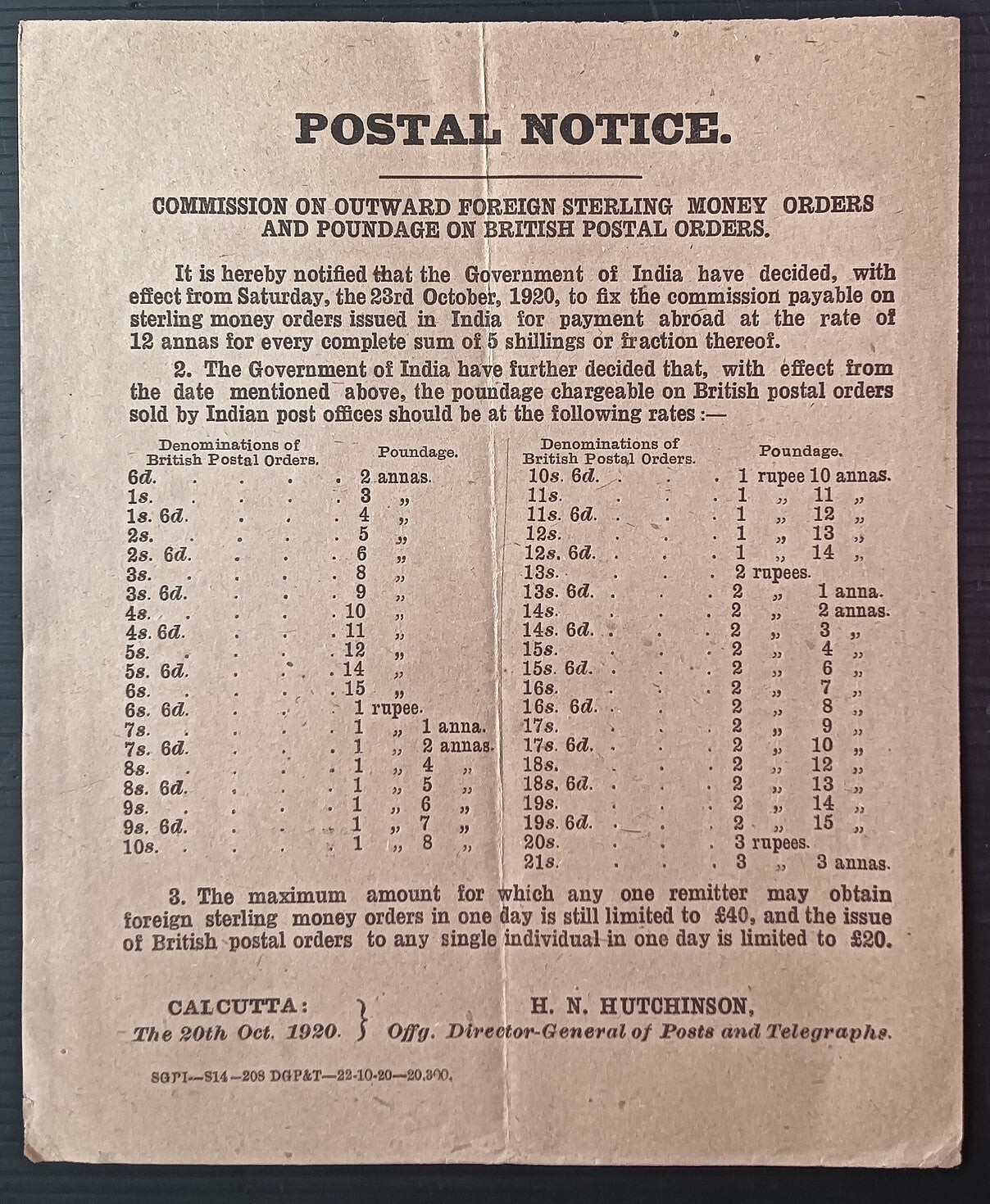 India POSTAL NOTICE 1920 Sterling & Foreign Postal Orders