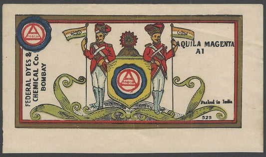 India litho Federal Dies & Chemicals Bombay label with CHARKHA flag