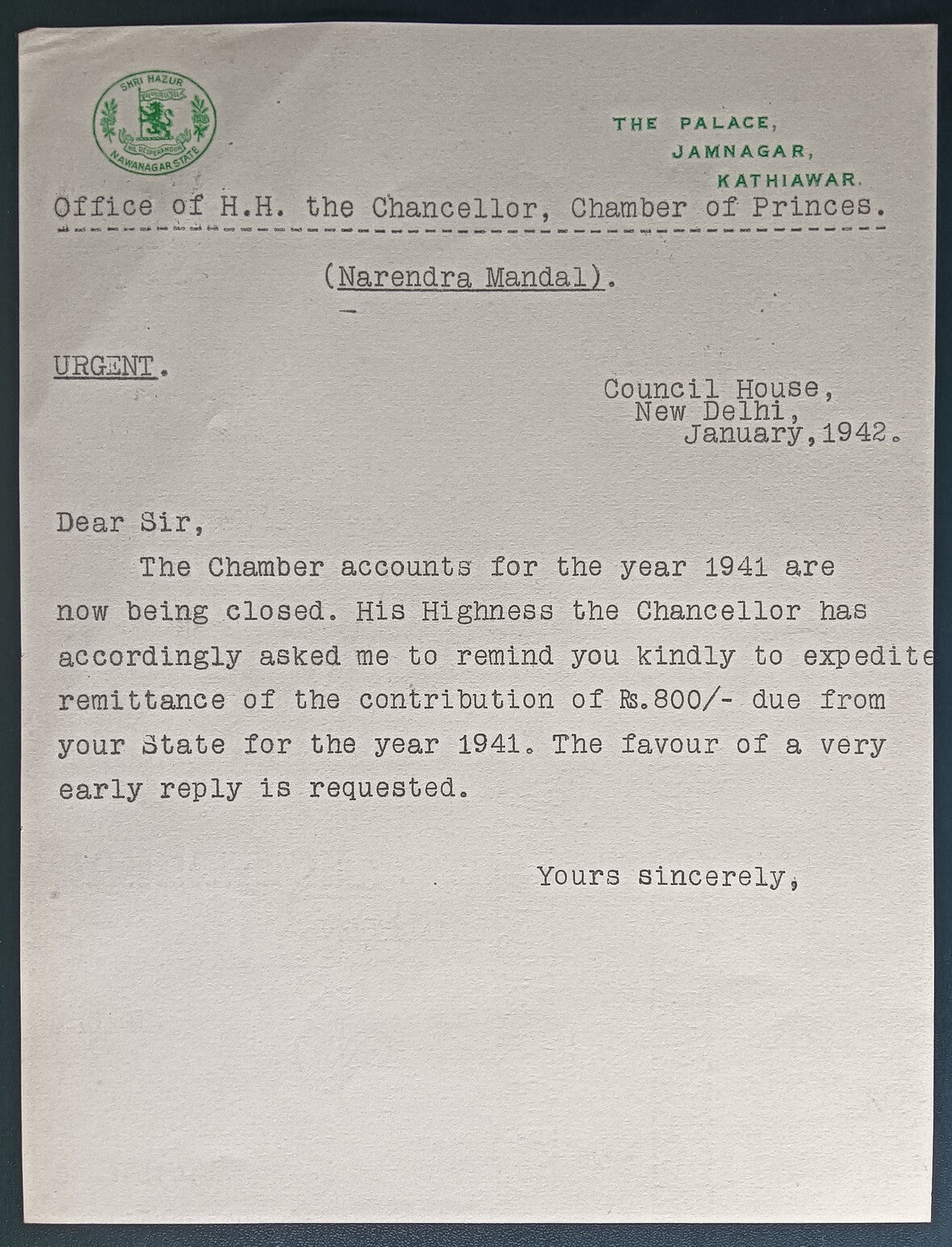 India 1942 crested letter NAWANAGAR STATE