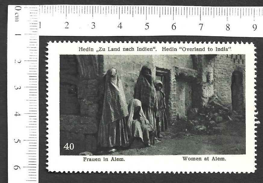 Vintage OVERLAND TO INDIA poster stamp - WOMEN AT ALEM zaz