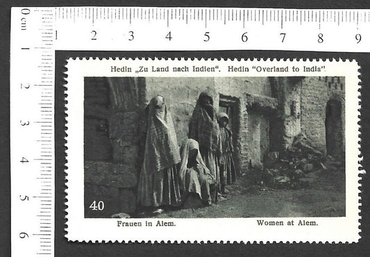 Vintage OVERLAND TO INDIA poster stamp - WOMEN AT ALEM zaz