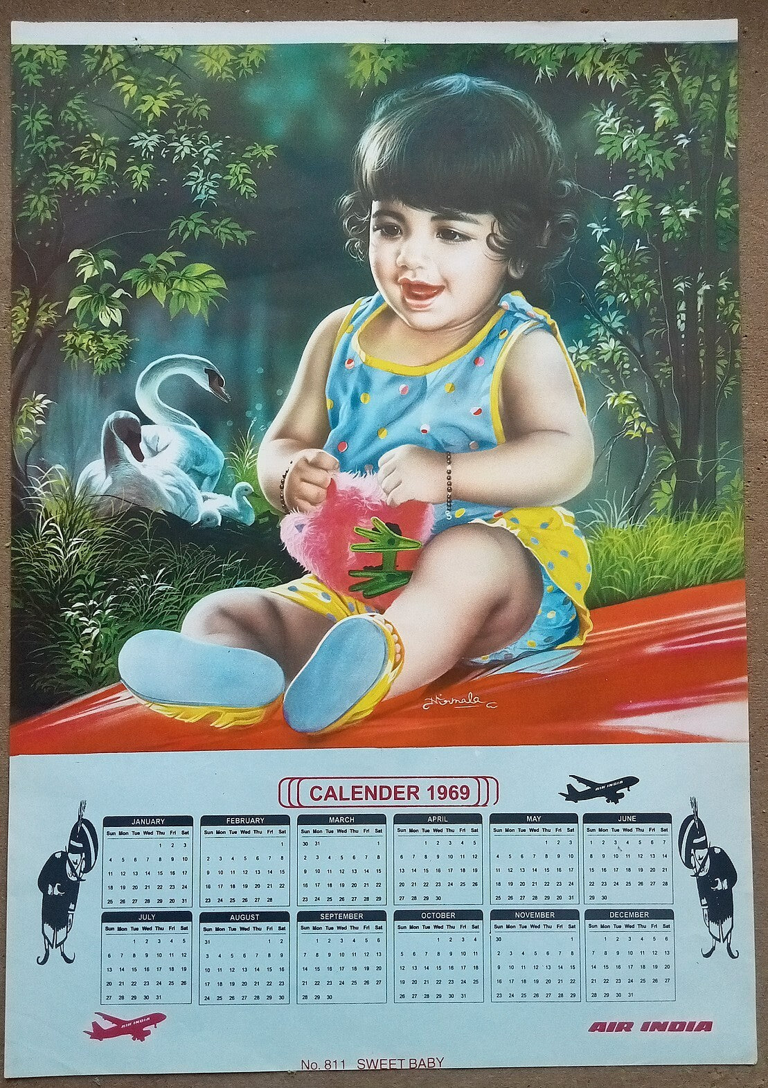 AIR INDIA 1969 poster calender 811 - SWEET BABY - ARTIST : NIRMALA - R