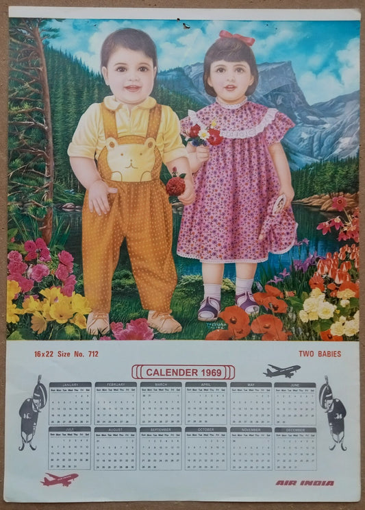 AIR INDIA 1969 poster calender 712 - TWO BABIES - R