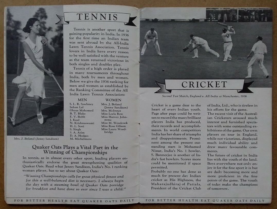 India 1930s Quaker Oats promotional booklet Cricket etc. SPORTS & YOUTH OF INDIA