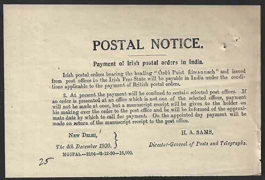 India POSTAL NOTICE 4th Dec. 1930 Payment of Irish Postal Orders in India