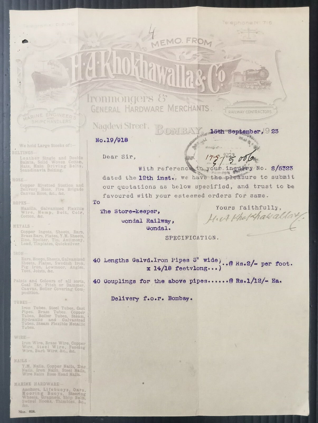 AOP Ironmongers & Hardware Bombay 1923 illustrated letterhead India