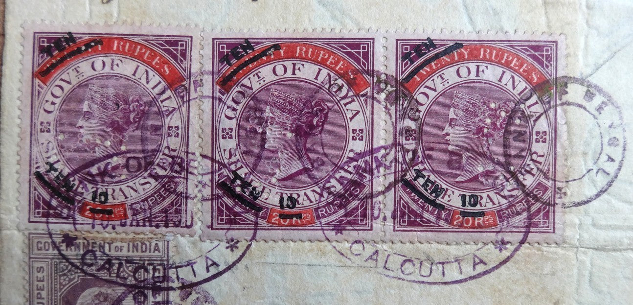 India 1903 QV Share Transfer 10R on 20R x 3 Barefoot #23 on share cerificate