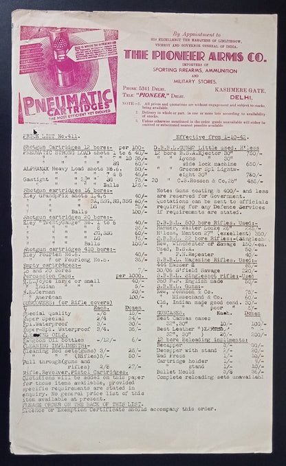India 1942 PIONEER ARMS, Delhi GUNS & CARTRIDGES price list
