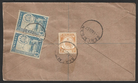 Malaya Negri Sembilan 1957 registered cover to India wi Seremban A.R. in circle