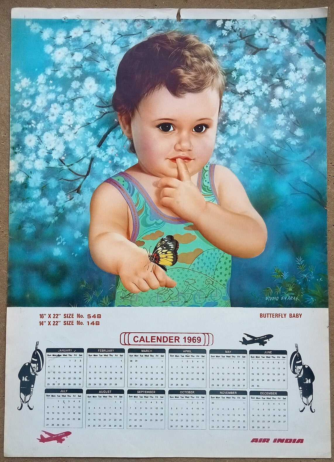 AIR INDIA 1969 poster calender 548 - BUTTERFLY BABY - STUDIO : S. V. VARAS - R