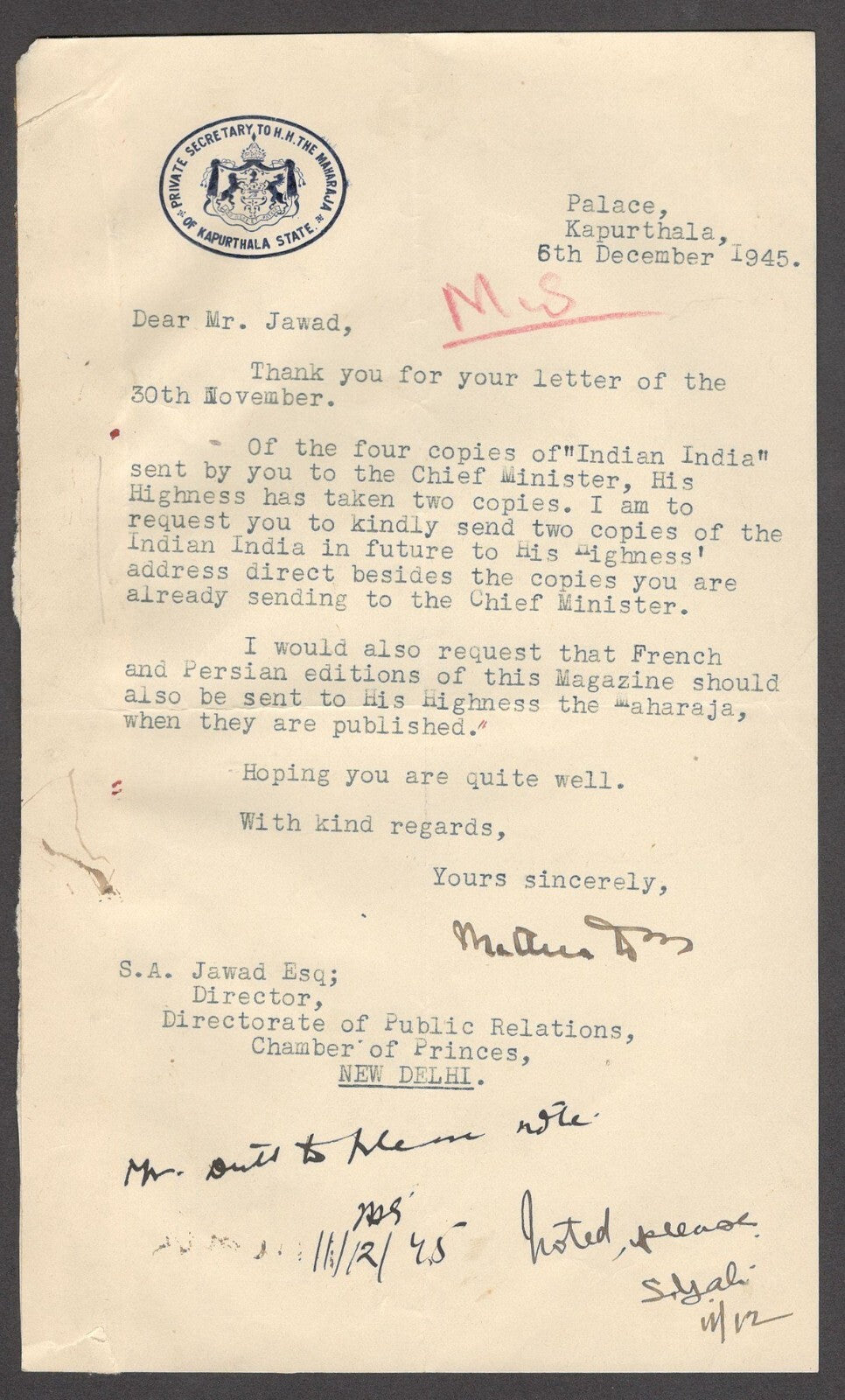 India 1945 crested letter PRIVATE SECRETARY TO HH MAHARAJA OF KAPURTHALA signed