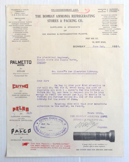 India 1933 illustrated letterhead BOMBAY AMMONIA REFRIGERATING CO. Bombay