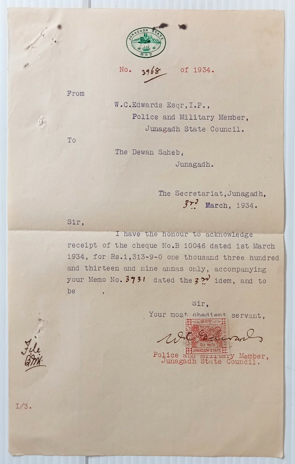 AOP India Junagad State crested herald letter 1934 with 1a Lion revenue stamp