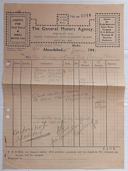 AOP India 1943 billhead THE GENERAL MOTORS AGENCY, Ahmedabad