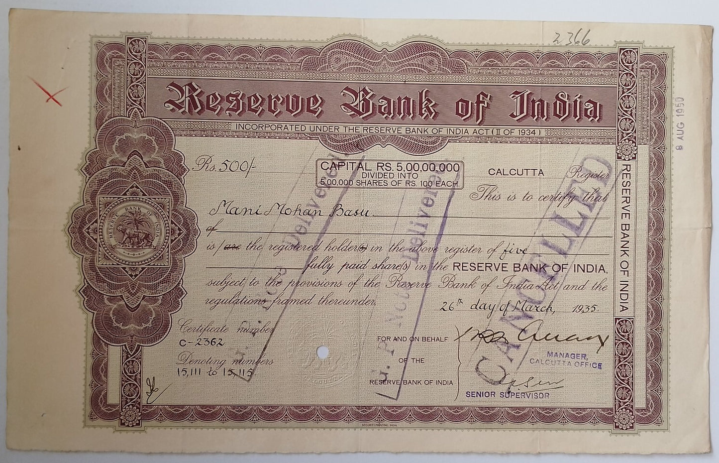 (AOP) India share certificate RESERVE BANK OF INDIA 1935