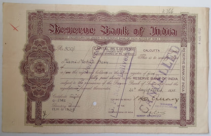 (AOP) India share certificate RESERVE BANK OF INDIA 1935