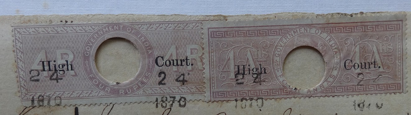 India QV High Court 1869 4a & 4R lilacs & on 1870 document