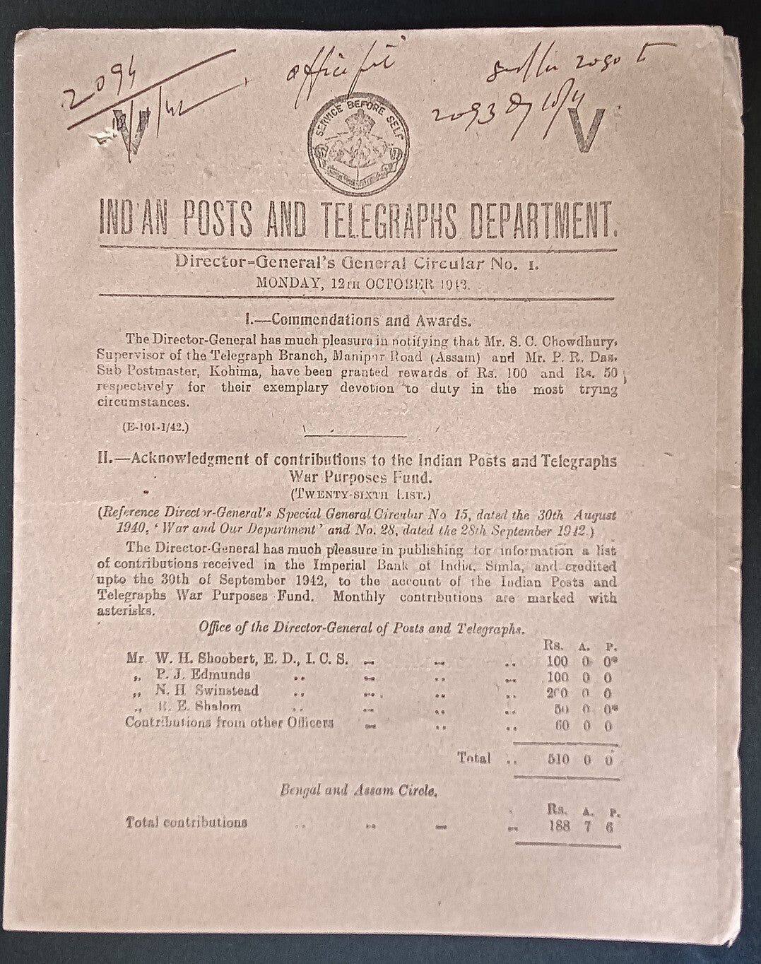 India POSTAL CIRCULAR No. 1 12th Oct. 1942 War Purposes Fund, etc.