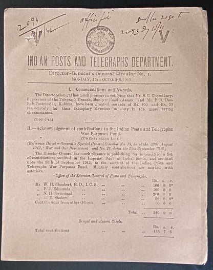 India POSTAL CIRCULAR No. 1 12th Oct. 1942 War Purposes Fund, etc.