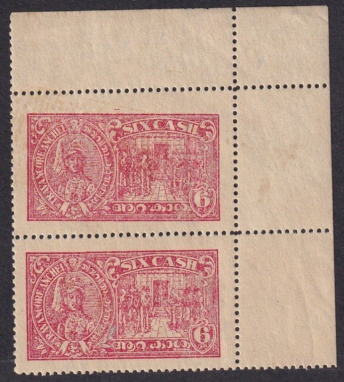 India Travancore State 1937 6ca carmine pair MNH. SG 60b £8