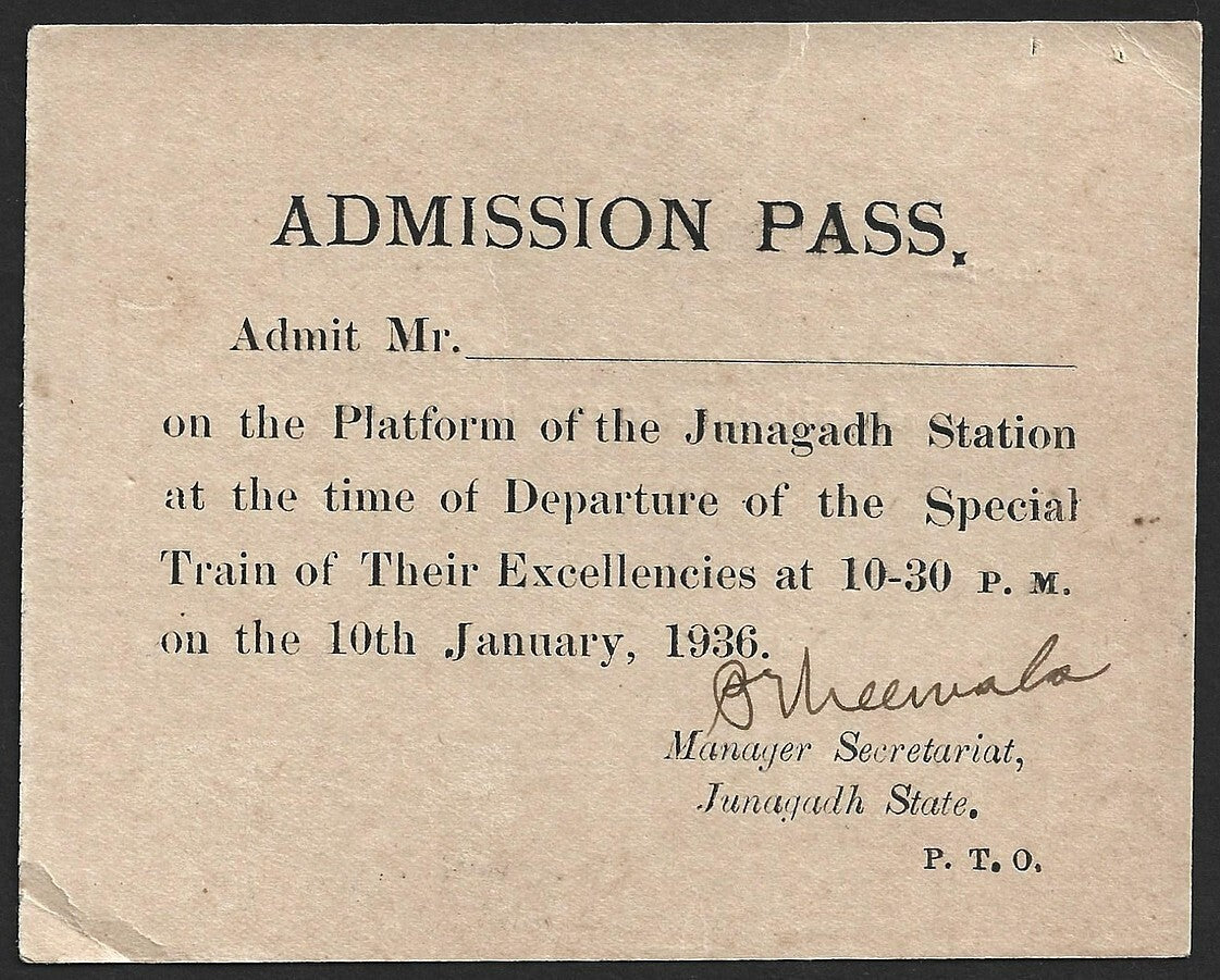 (AOP) India VICEROY'S VISIT to Junagadh Special Train Platform Admission Pass