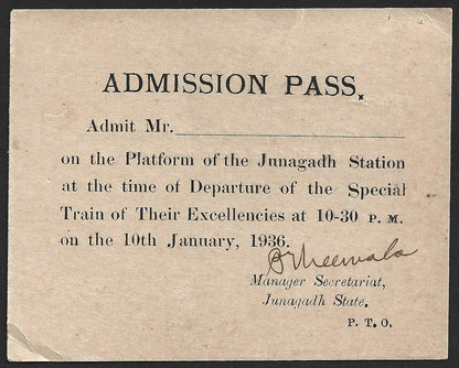 (AOP) India VICEROY'S VISIT to Junagadh Special Train Platform Admission Pass