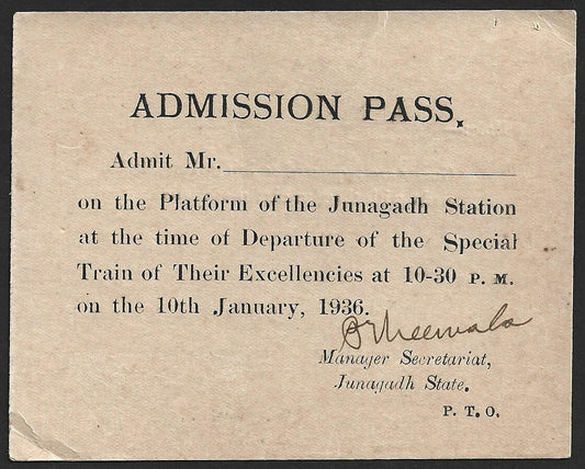 (AOP) India VICEROY'S VISIT to Junagadh Special Train Platform Admission Pass
