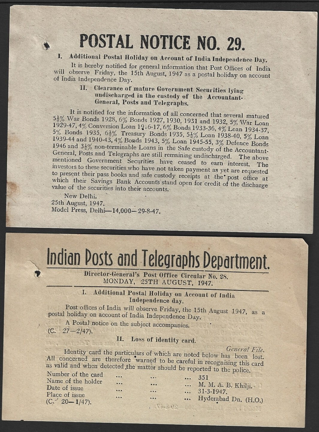 India POSTAL NOTICE #29 25th Aug 1947 Postal Holiday 15th August 1947 + CIRCULAR