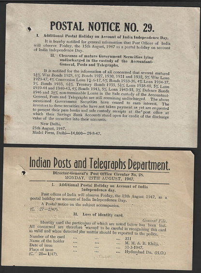 India POSTAL NOTICE #29 25th Aug 1947 Postal Holiday 15th August 1947 + CIRCULAR