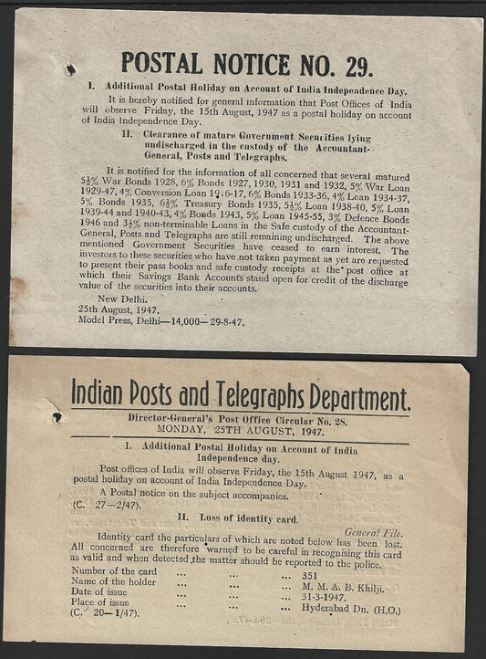 India POSTAL NOTICE #29 25th Aug 1947 Postal Holiday 15th August 1947 + CIRCULAR
