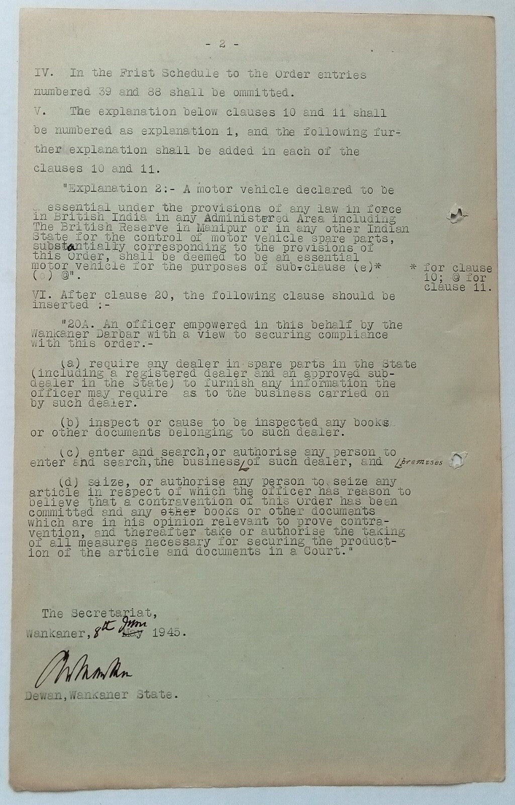 India 1945 MOTOR VEHICLES SPARE PARTS ORDER signed Amar Singh MAHARAJA WANKANER