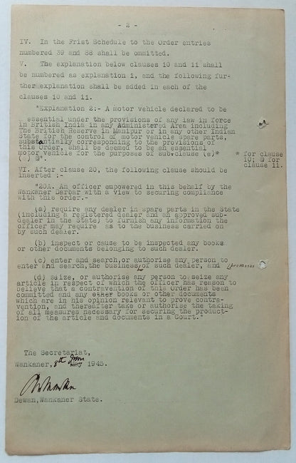 India 1945 MOTOR VEHICLES SPARE PARTS ORDER signed Amar Singh MAHARAJA WANKANER