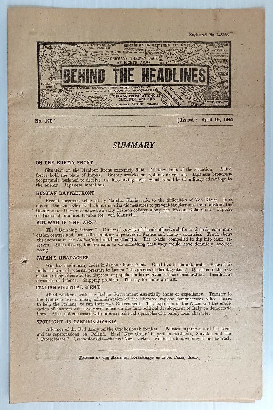India 1944 WW2 Propaganda rag BEHIND THE HEADLINES ITALIAN POLITICAL SCENE 8pgs