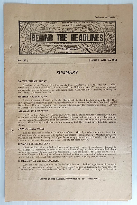 India 1944 WW2 Propaganda rag BEHIND THE HEADLINES ITALIAN POLITICAL SCENE 8pgs