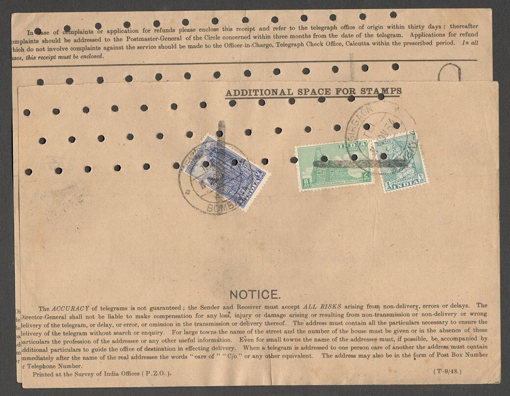 AOP India telegram with postage stamps 1949 issue with single bar cancellation