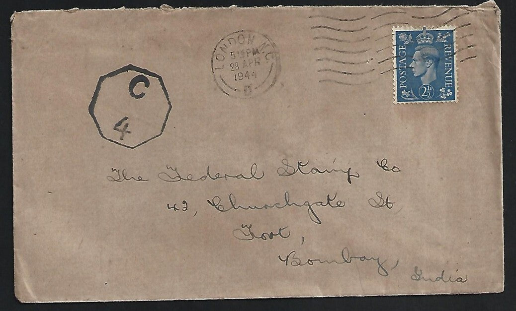 GB WW2 1944 censored cover London W.C. to Bombay, India