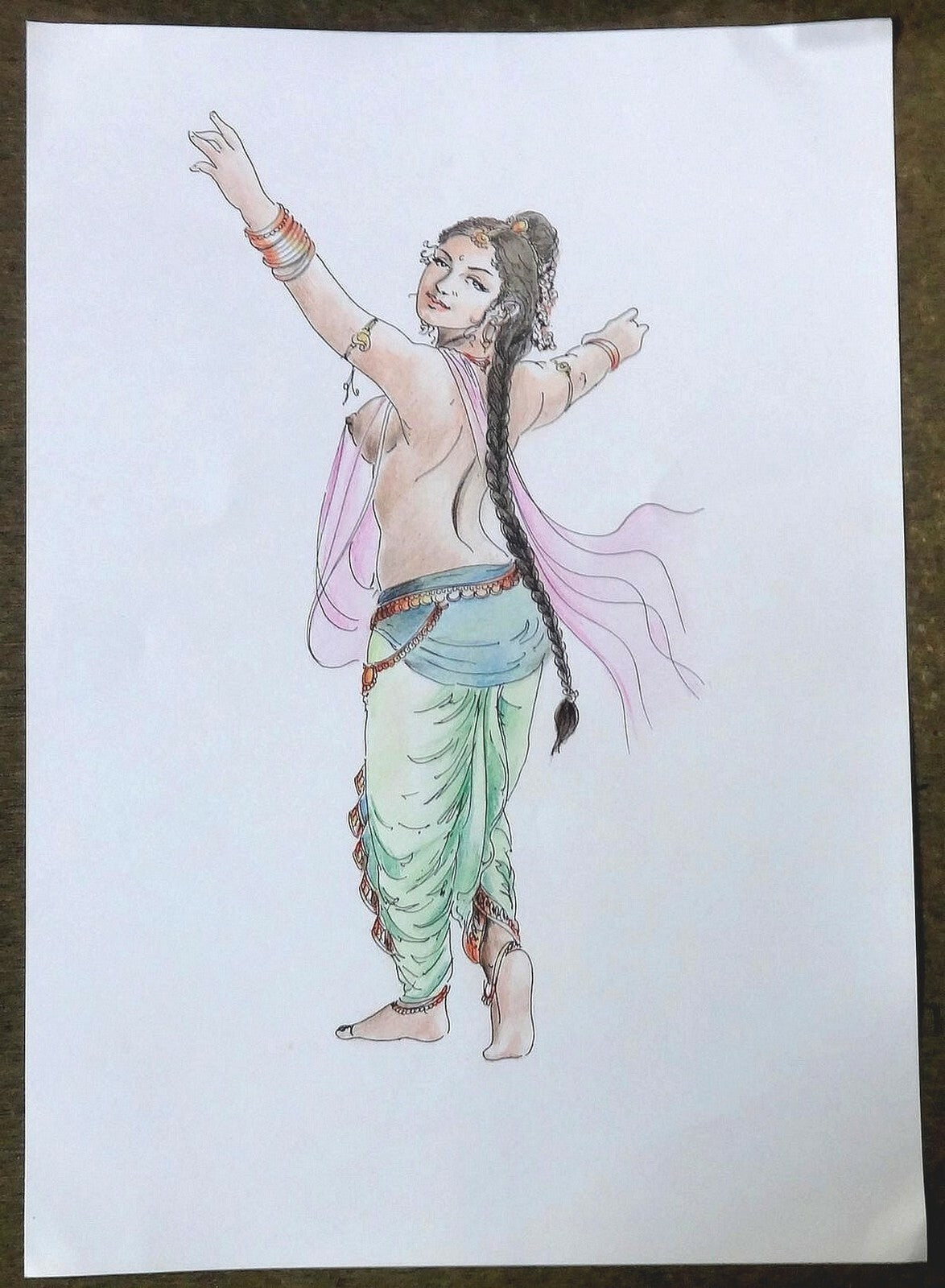 Indian dancing beauty watercolors crayons & ink on card 12''x 17''