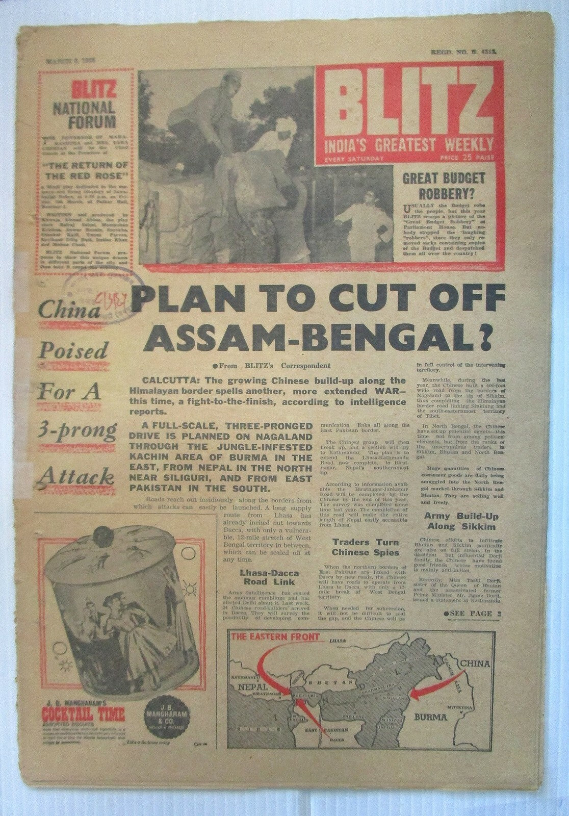 India Blitz 6 March 1965 issue CHINA POISED FOR A 3 PRONG ATTACK see condition
