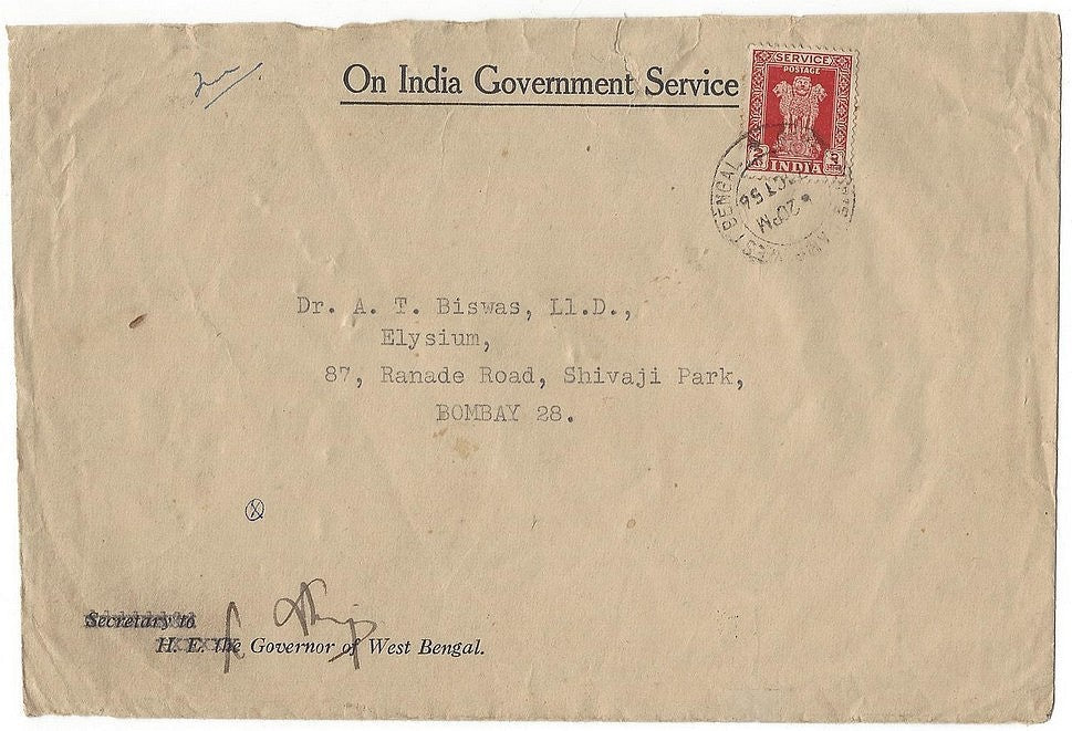 India 1956 cover canc GOVERNOR’S CAMP WEST BENGAL & initialed by the Governor
